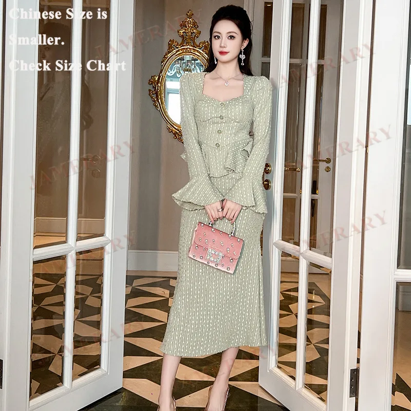

Autumn Fake Two-Piece Long Dresses Women Full Sleeve Tassel Winter Tweed Dress Office Lady Elegant Midi Fishtail Mermaid Vestido