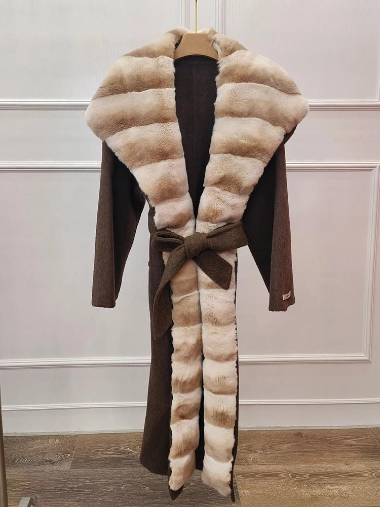 Manteau d'hiver en fourrure véritable pour femme, veste à col en fourrure de lapin Rex naturel, veste longue en laine de cachemire, optique de luxe pour femme