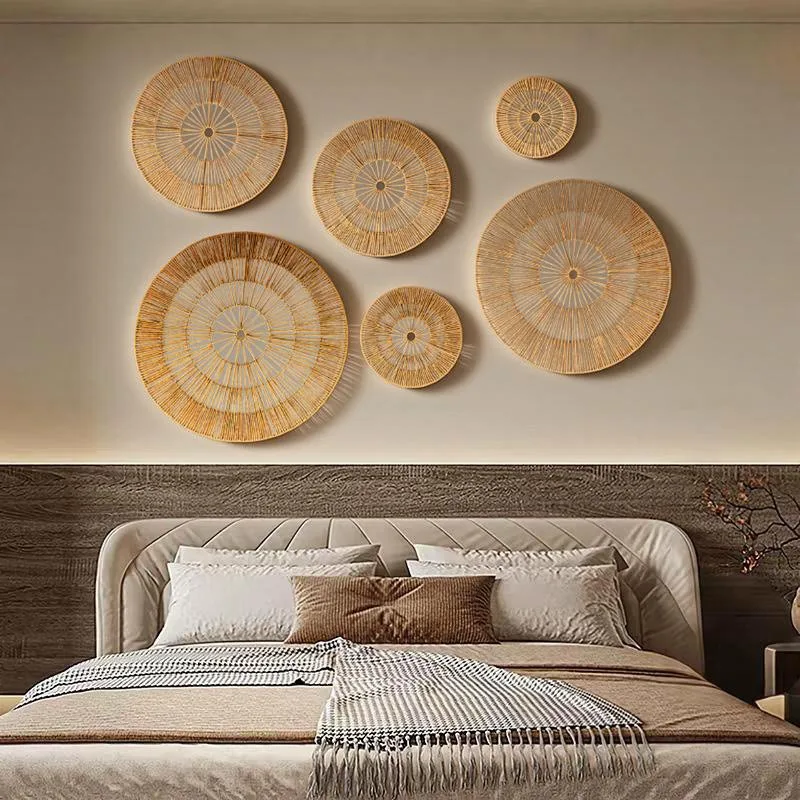 6pcs Paper Cord Round Wall Hangings Iron Frame Boho Sunburst Wall Decor Set Living Room Bedroom