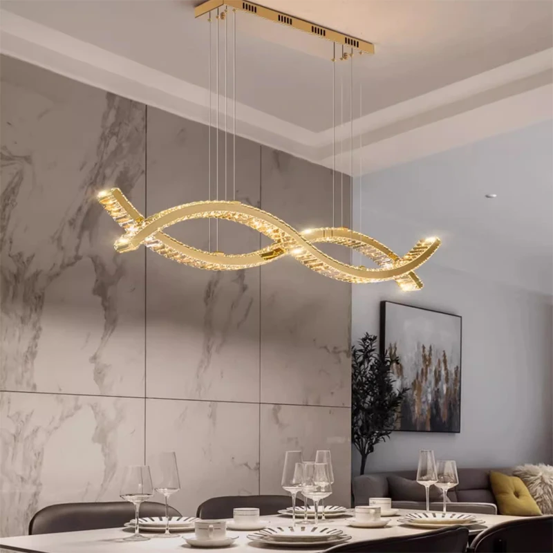 2024 Dining Room Lustre Remote Control Dimmable Pendant Lights Luxury K9 Crystal Hang Chandelier Wave Steel Lamp Fixtures