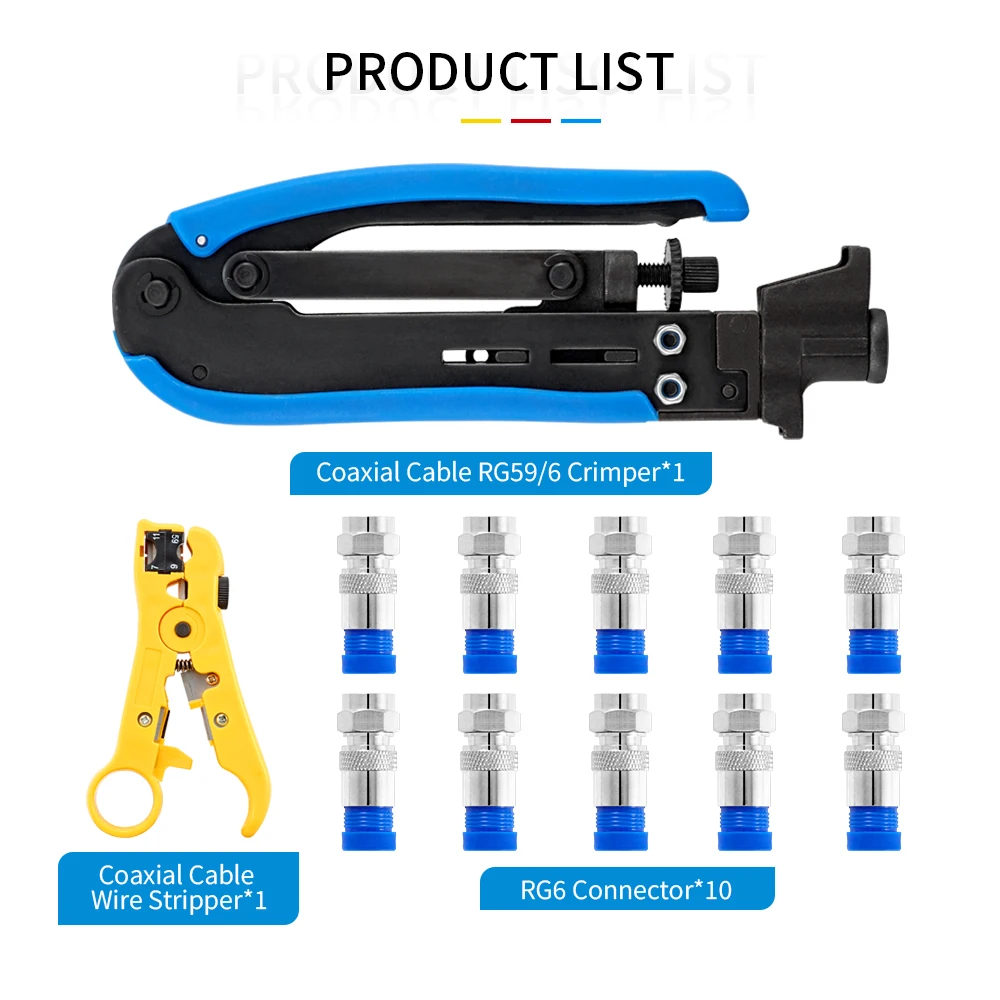 RG6 RG59 RG11 Wire Stripper Crimper Tool Kit Coaxial Cable Crimping Pliers Set With 10pcs F RG6 Compression Connectors