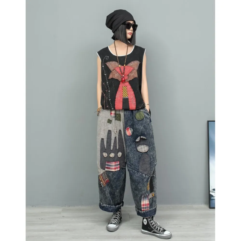 Hand Embroidered Stir Fried Color Sleeveless T-shirt + Straight Leg Denim Jeans Two Piece Set Women Spring Summer ZF374