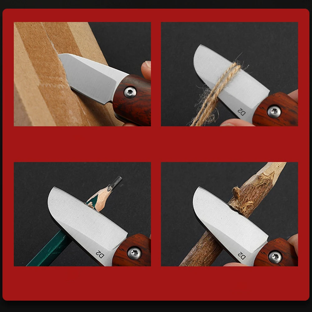 Mini D2 Keychain Folding Knife Sandalwood Handle Pocket Knife Outdoor Camping Hiking Survival Gear Portable EDC Small Cutter