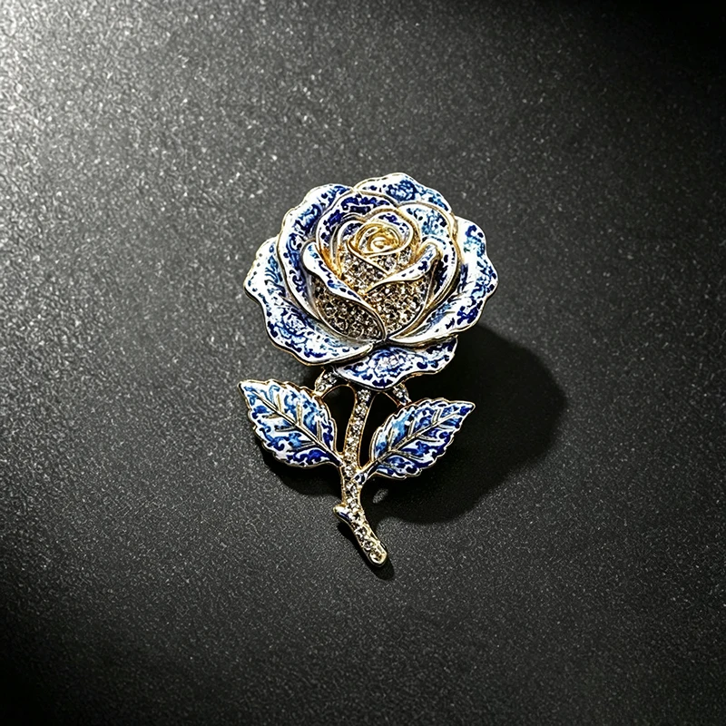 Blue White Porcelain Style Rose Brooch Crystal Inlaid Alloy Flower Pin for Women