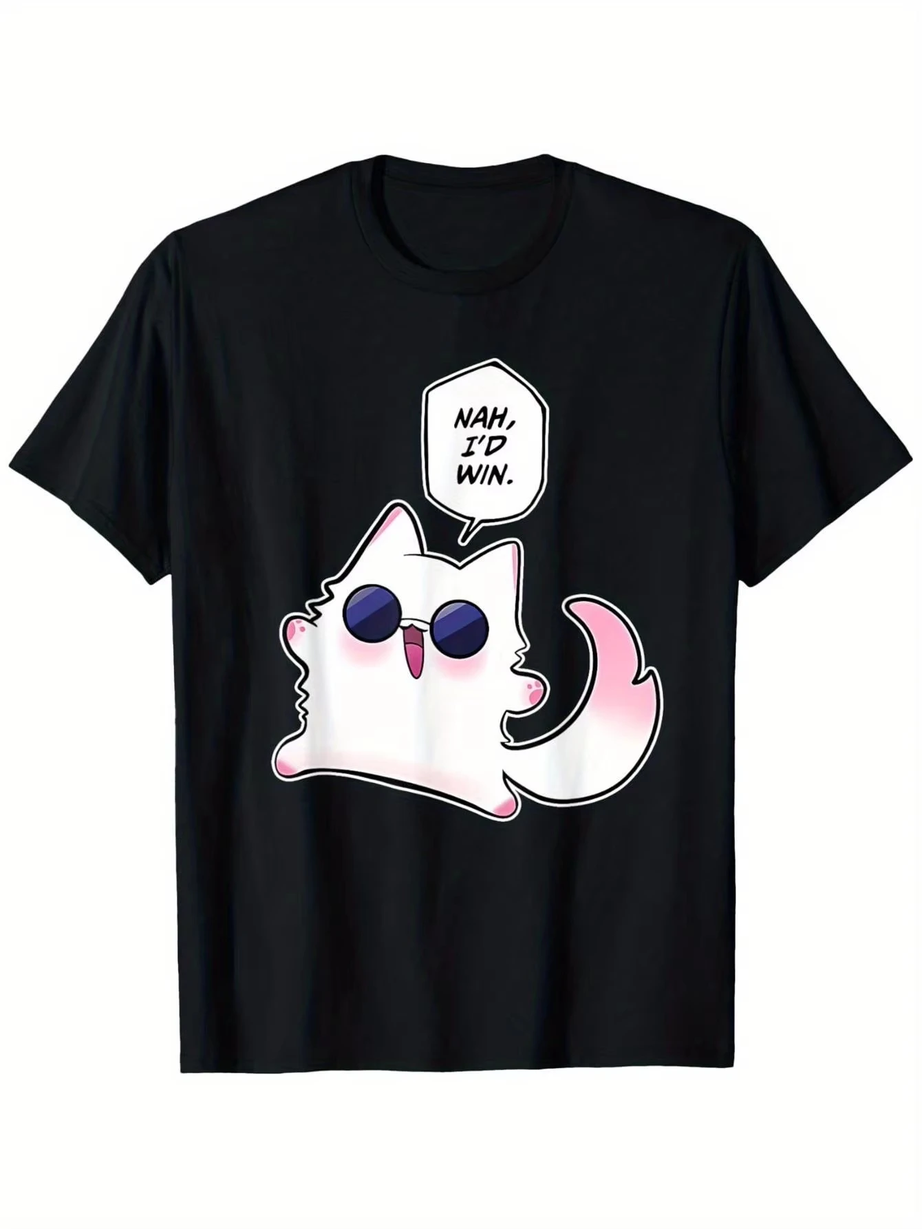 2026 New Cute Cat Meme Graphic T Shirt with HAN I'D WIN Pink Cat Design Machine Washable Casual Shirt for Men