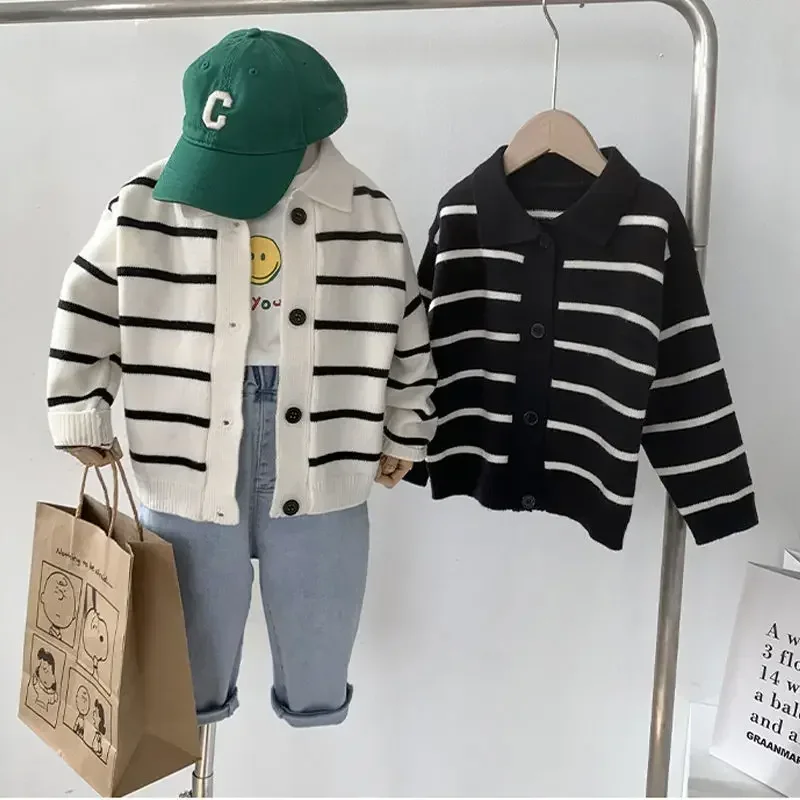 Boys' Knitting Cardigan Sweater Western Style 2022 Spring and Autumn New Handsome Children's Thin Casual Striped Coat