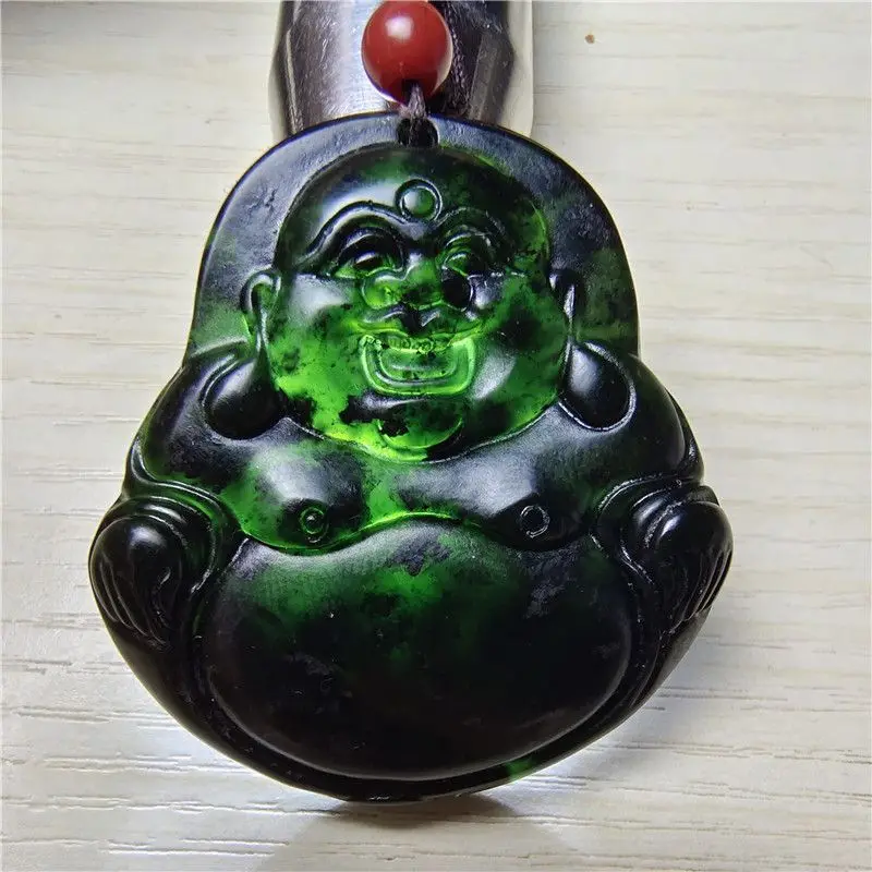 

Новый натуральный зеленый оливковый кулон Будды Гун Lantian Ink Jade ожерелье Будды с большим животом Ping An Maitreya Buddha Jadet