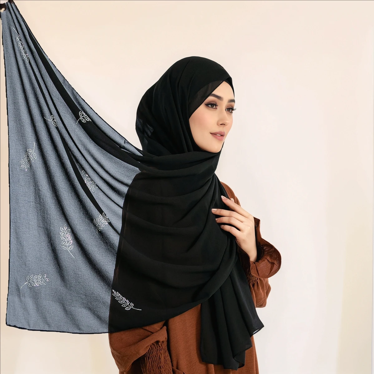 

Full Shimmer Rhinestone Hijab Women Premium Chiffon Shawl Grass Pattern Diamond Headscarf Solid Plain Shiny Scarf Turban