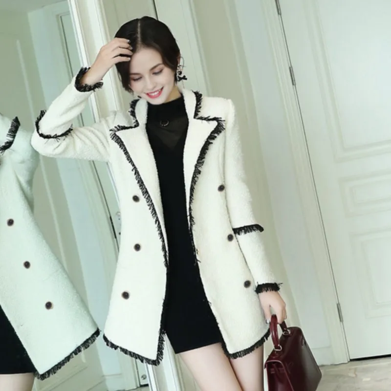 

Tweed jacket white spring / autumn / winter women's jacket lapel long sleeve Business ladies one piece jacket coat