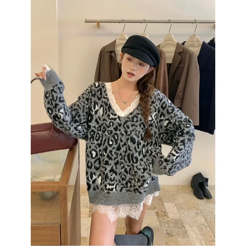 Topenomi Vintage Lace Patchwork V Neck Leopard Sweater Women Autumn Winter Loose Long Sleeve Pullover Casual Street Knitted Tops