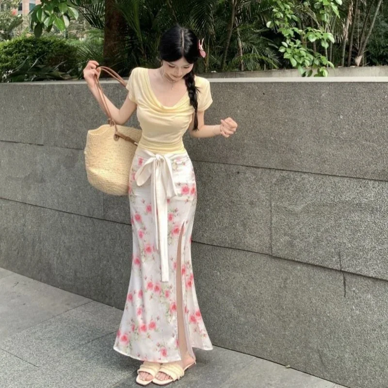 

Long Women's Two Skirt Piece Set Maxi Chic and Elegant Clothing New Arrivals In The Same Vintage Luxury Designer Female Outfits