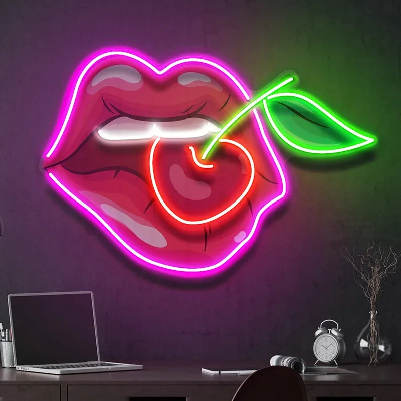 Cherry Mouth Lips Dimmable LED Neon Sign USB Wall Light for Beauty Salon Cocktail Bar Bedroom Bachelorette Party Shop Wall Decor