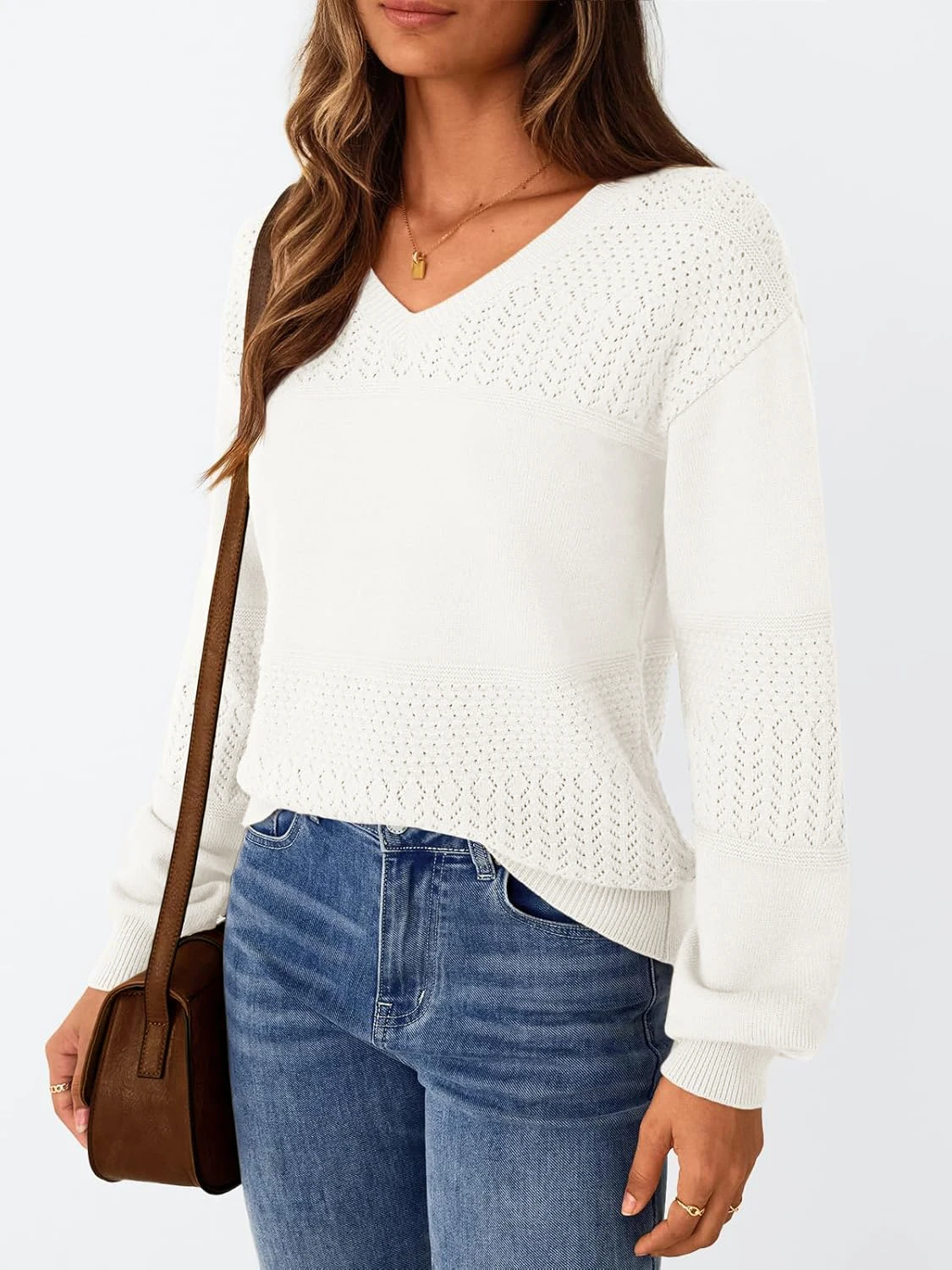 

Soft White V-Neck Knitted Sweater with Hollow out Design Loose Long Sleeve Casual Top for Comfortable Lazy Style