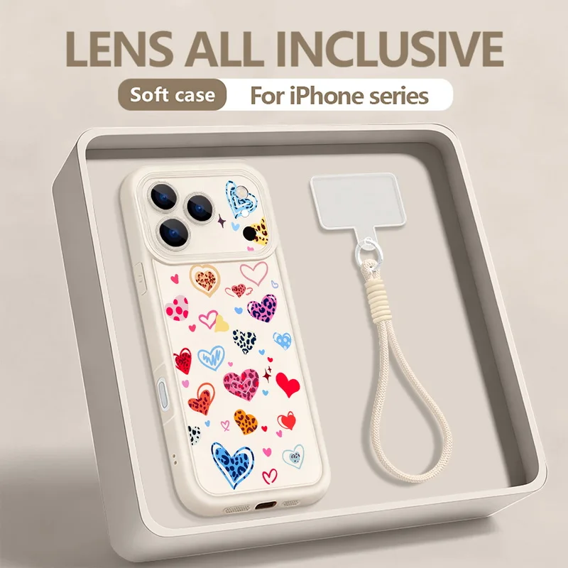 Colorful Hearts Leopard Print Wrist Strap Case For iPhone 17 Pro Max Funda iPhone 16 Pro Max 15 14 13 12 11 16e Air Lanyard Case