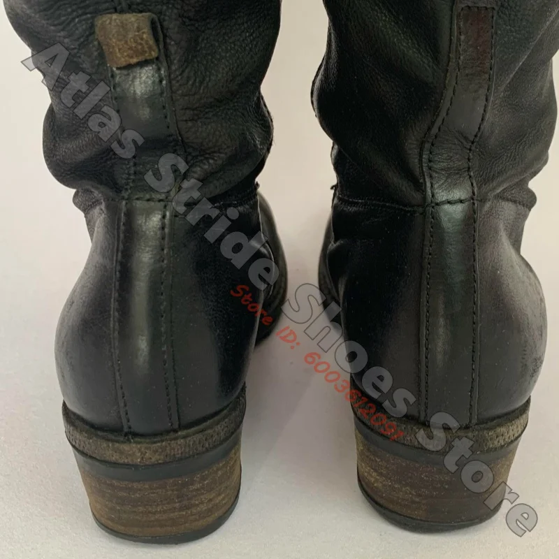Retro Punk Women Slouchy Biker Boots Black Distressed Surface Round Toe Multi Adjustable Buckle Straps Block Heel Boots