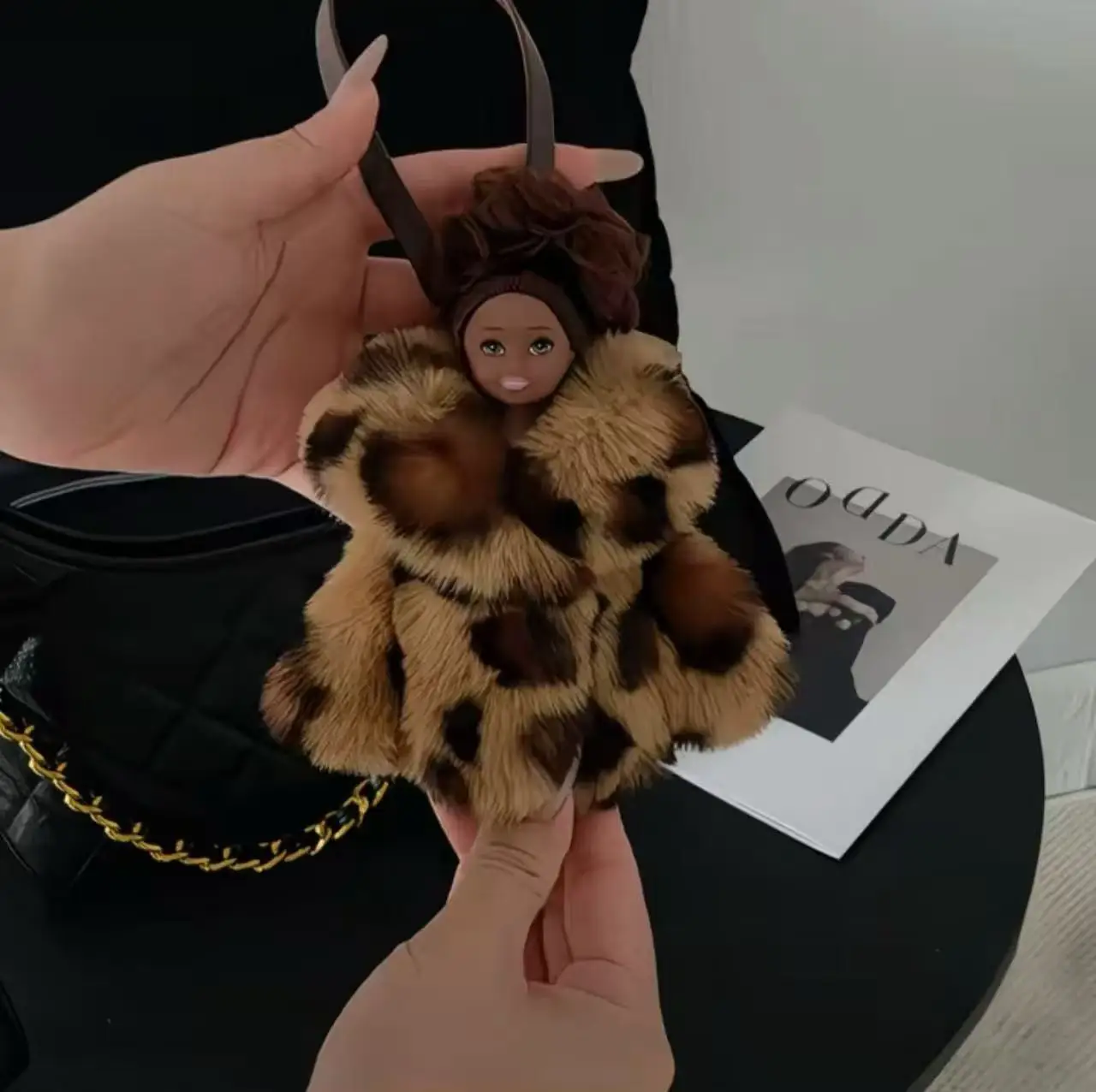 IGNICASE New Fur Doll Cute Rabbit Fur Plush Jacket Bag Pendant Ugly Cute Doll Black Leather High-end Luggage Pendant Accessories