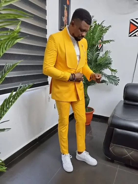 Traje de negocios con solapa de Chal amarillo para hombre, vestido de boda, esmoquin de novio, Terno ajustado, Blazer de fiesta de graduación, pantalón