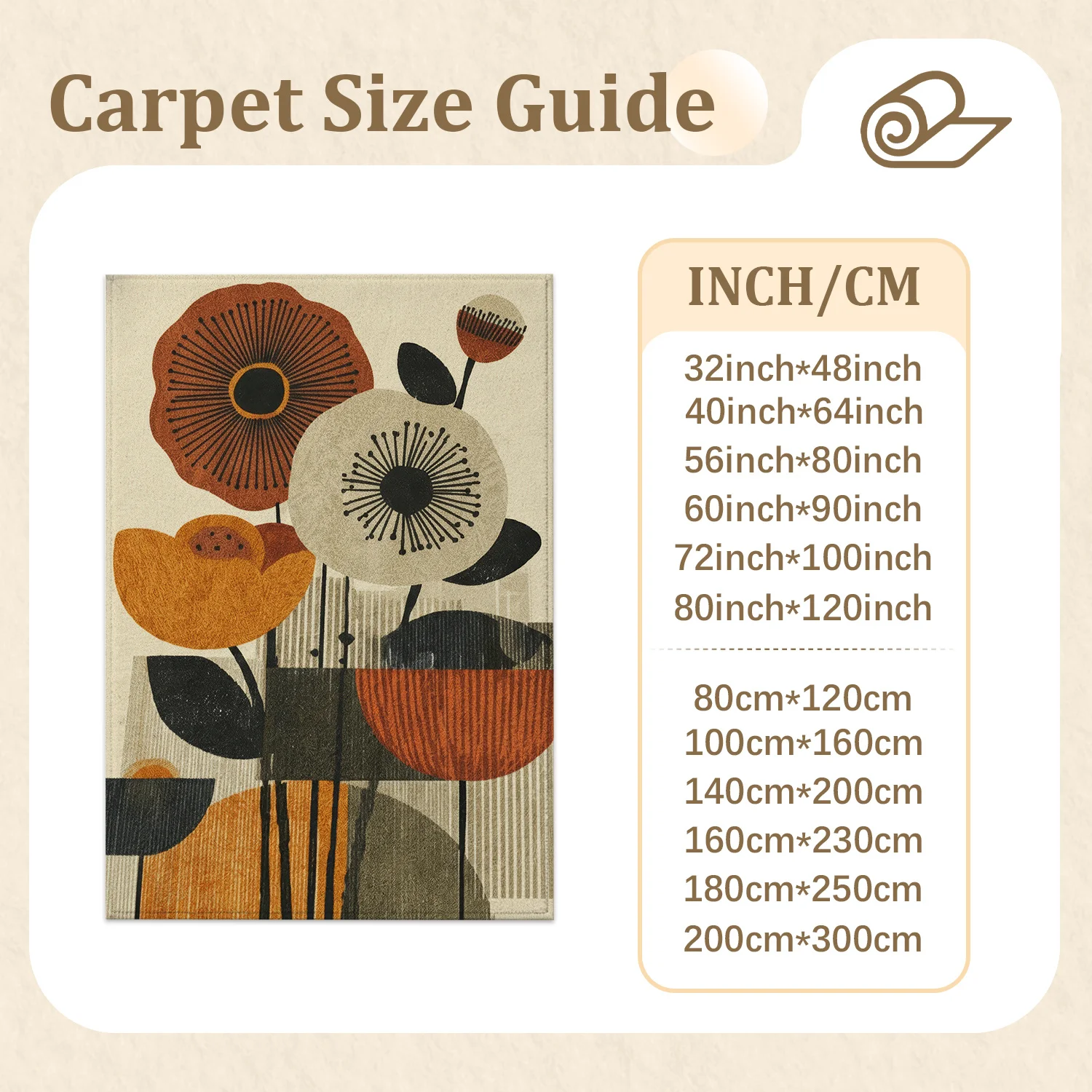 Large Indoor Area Rug, Soft Velvet Low Pile with Non-Slip Dotted Backing, Machine Washable Mid-Century Modern Floral Abstract Rug for Living Room Bedroom, Warm Terracotta Mustard Cream Tones Home Floor Decor