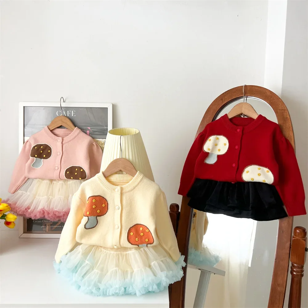 Autumn Winter Baby Girls Knitted Cardigan Sweater + Mesh Tutu Skirt Kids Clothes Toddler Girl Knitwear Pullover Princess Skirt