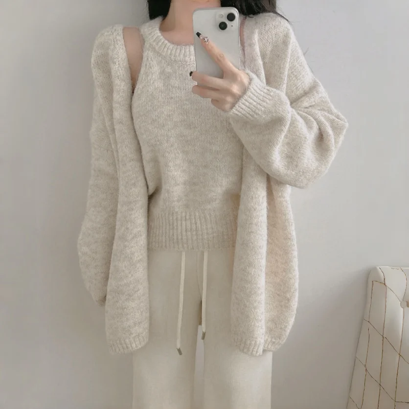 

Lazy Sle женский вязаный свитер, комплект пальто и жилета, мягкий уютный осенне-зимний комплект из двух предметов, женский открытый кардиган