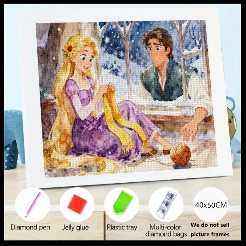 

1PC 5D DIY Diamond Painting Kit, Disney Princess Rapunzel & Flynn Rider Cozy Winter Knitting Scene, Full Drill Round Crystal Rhi