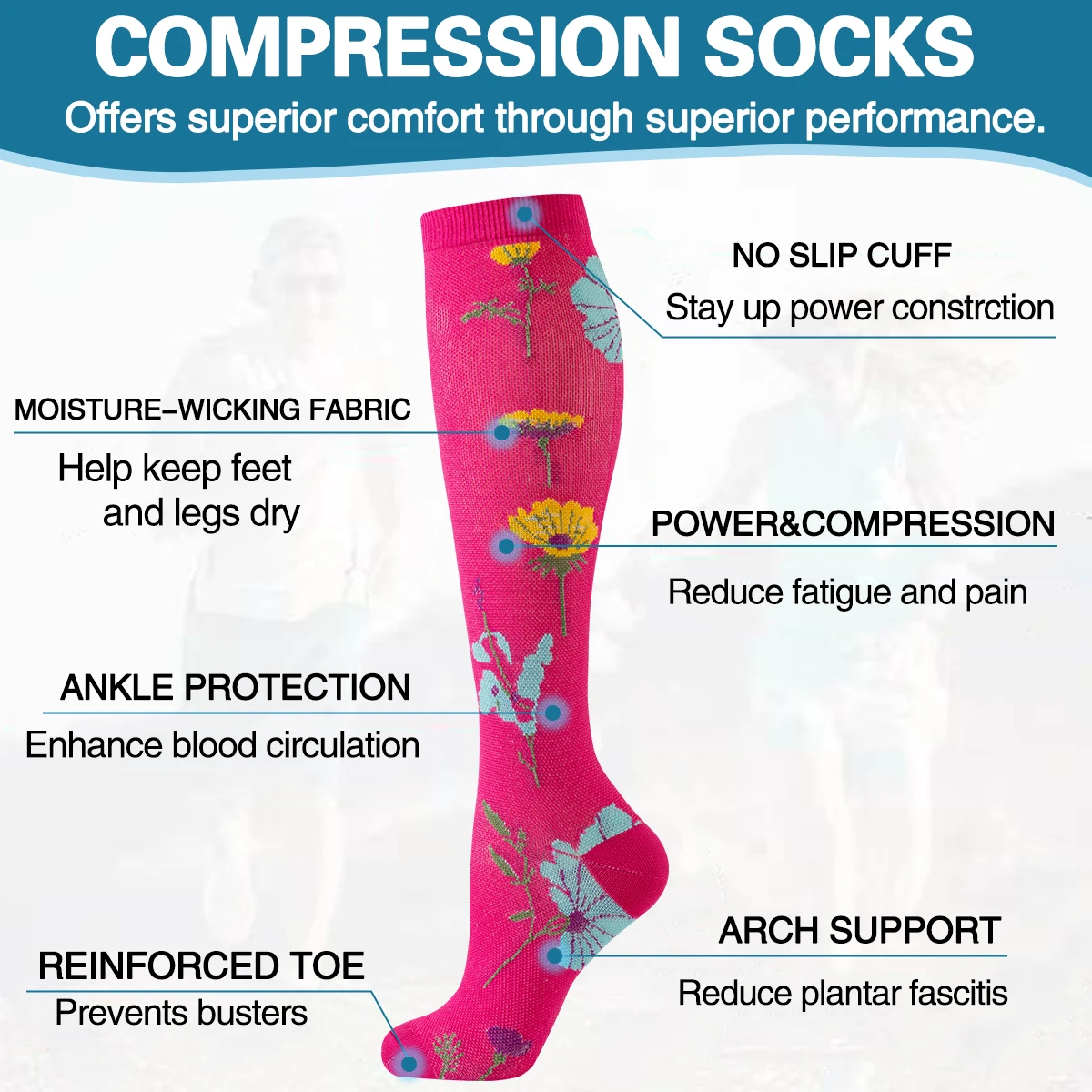 6 ペア花柄圧縮ソックス女性 & 男性ナース卒業圧縮ソックスフラワースポーツストッキング