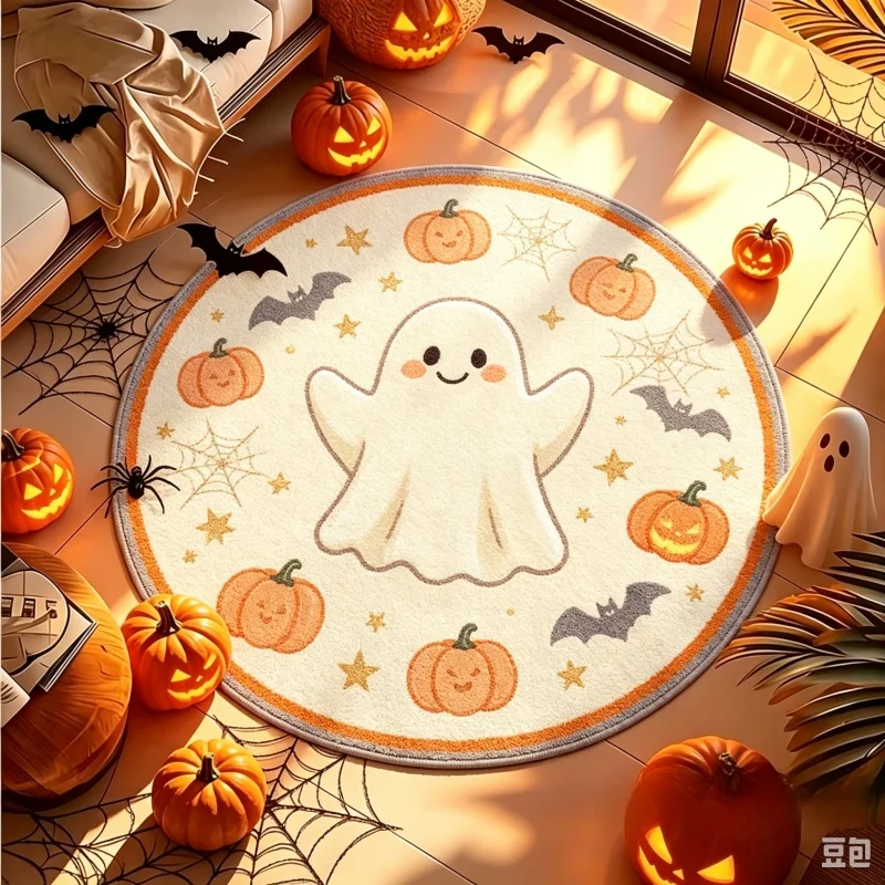 Jack‑o'‑Lantern Round Carpet, Bat Spider Star Printed Floor Mat, Spooky Halloween Living Room Bedroom Decor Rug