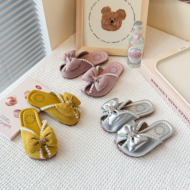 

Girls Summer Slippers Leather Soft Breathable Princess Kids Beach Shoes Bowk Sweet Pearls Fish Mouth 2025 Luxury Brand New 23-35