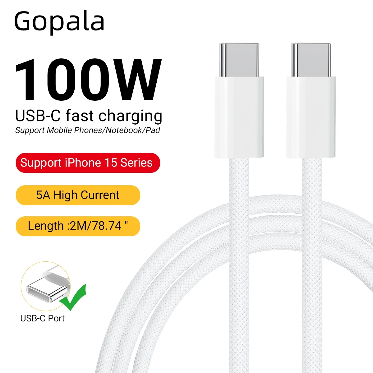 고팔라 나일론 편조 100W USB C to USB C 케이블, 삼성 S24, S24 +, S24 울트라, S23 +, S23 울트라, 맥북, 아이패드 프로 에어, 픽셀 화이트