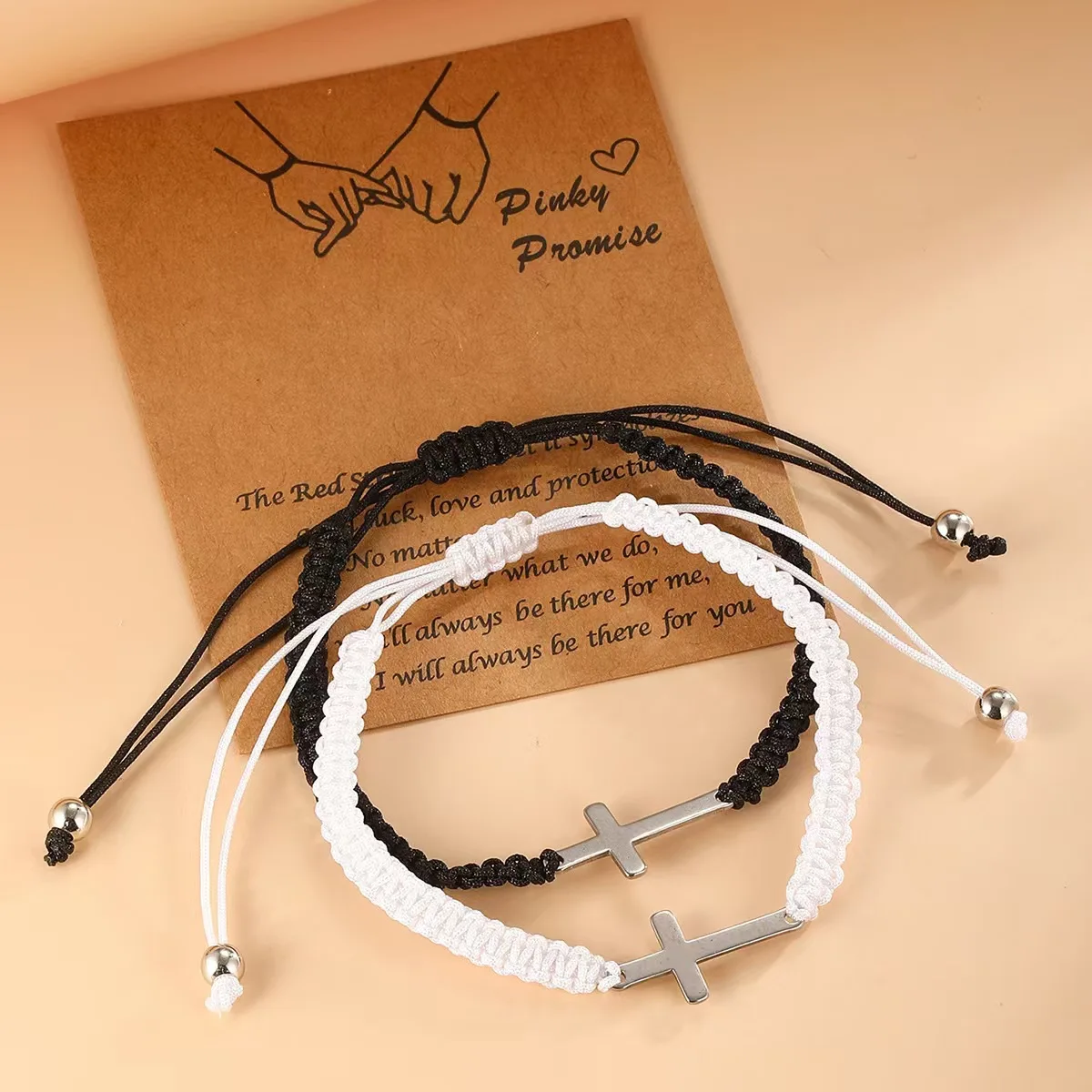 RAKOL Simple Cross Black White Braided Rope Couple Bracelets Silver Color Adjustable Bracelet Christian Jewelry