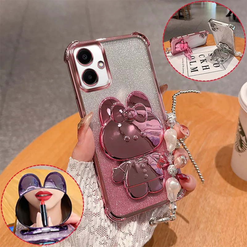 Cute 3D Bunny Mirror Stand Phone Case For Samsung Galaxy A07 4G Galaxy07 07 Glitter Anti Drop Cover With Pearl Chain Girly Style