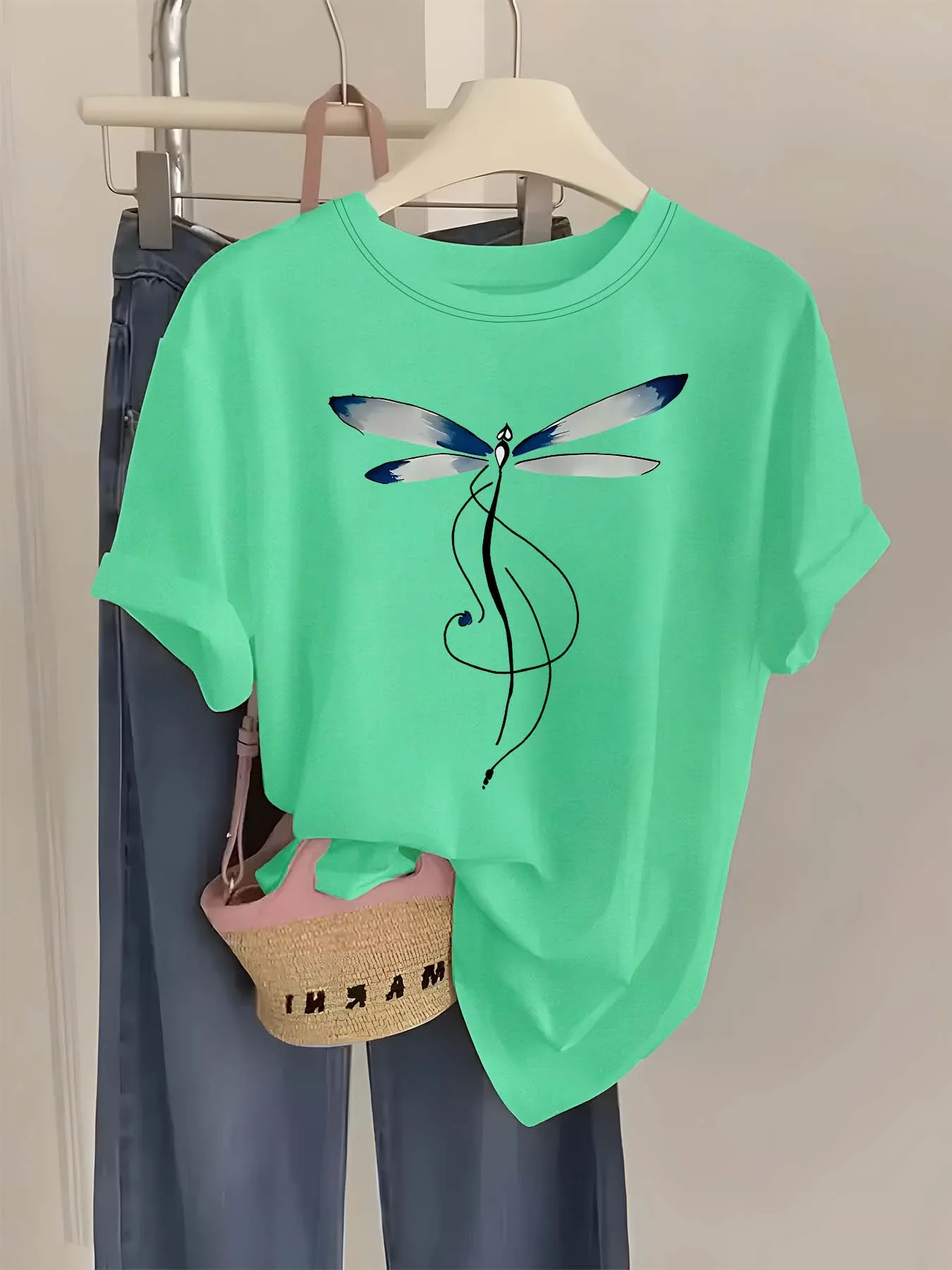 

Изысканная летняя футболка больших размеров с рисунком стрекозы, шикарная универсальная летняя футболка с короткими рукавами