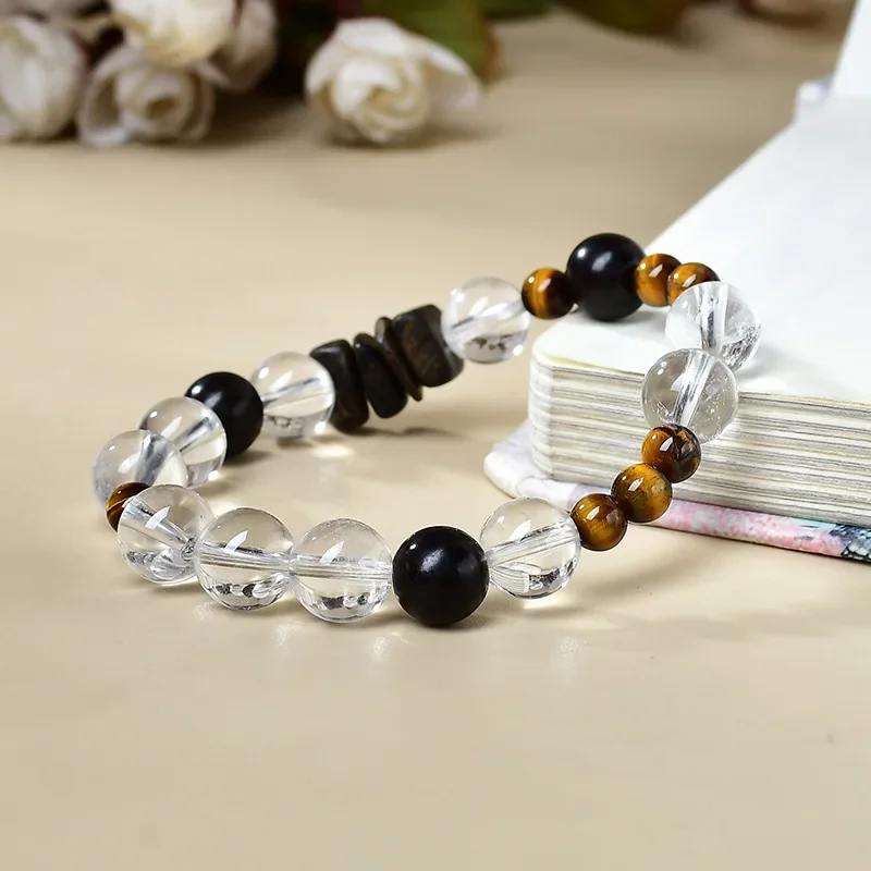 

New Chinese Retro Natural White Crystal, Water Tiger's Eye Stone, Black Agate Bracelet, Men's and Women's Fashion Bracelet