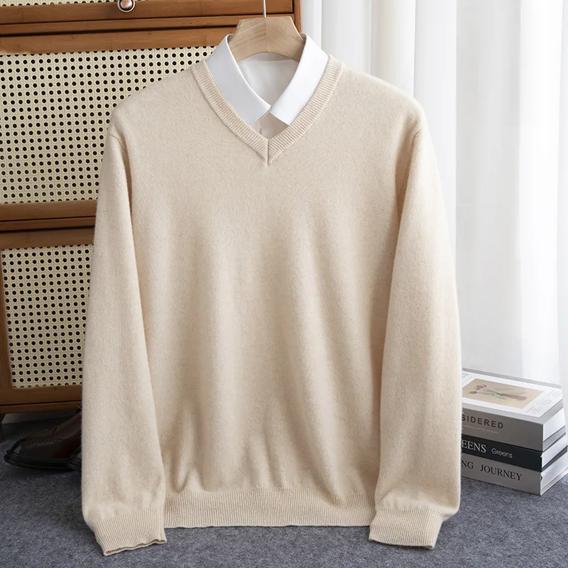 Classic Seamless 100% Pure Wool Pullover Men Basic Knitwear Sweater V-Neck Long Sleeve Business Soft Warm Thick Clothing Tops