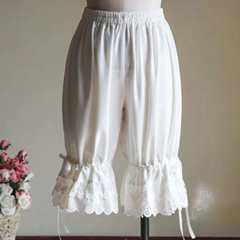 

Vintage Solid Color Lantern Pants Bloomers Ruffles Lace Hem Bow Shorts Elastic Wasit Wide Leg Pants Elastic Bubble Pants