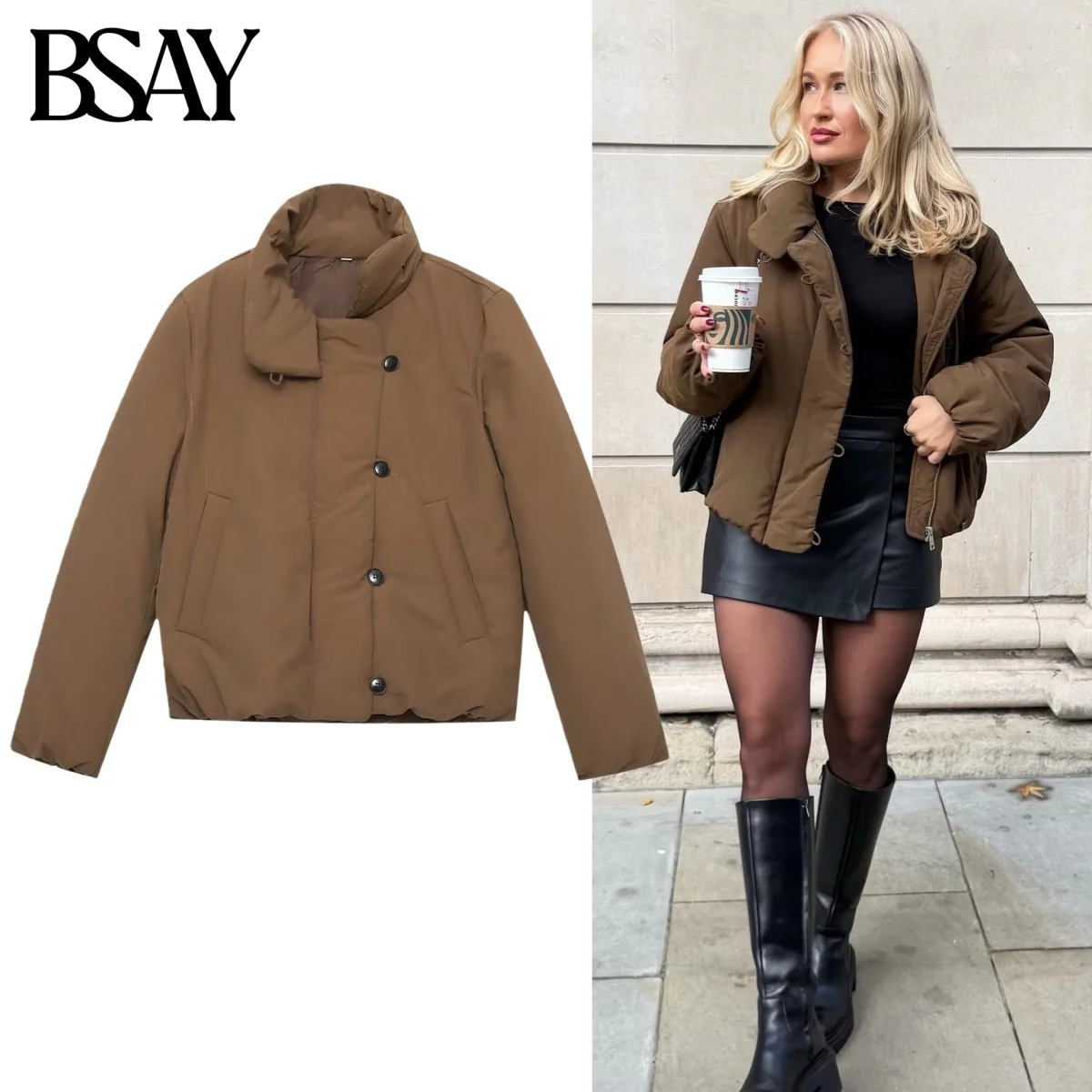 

BSAY водолазка, хлопковая куртка для женщин, модные осенне-зимние новые короткие пальто с длинными рукавами и карманами на молнии, шикарные женские топы Mujer