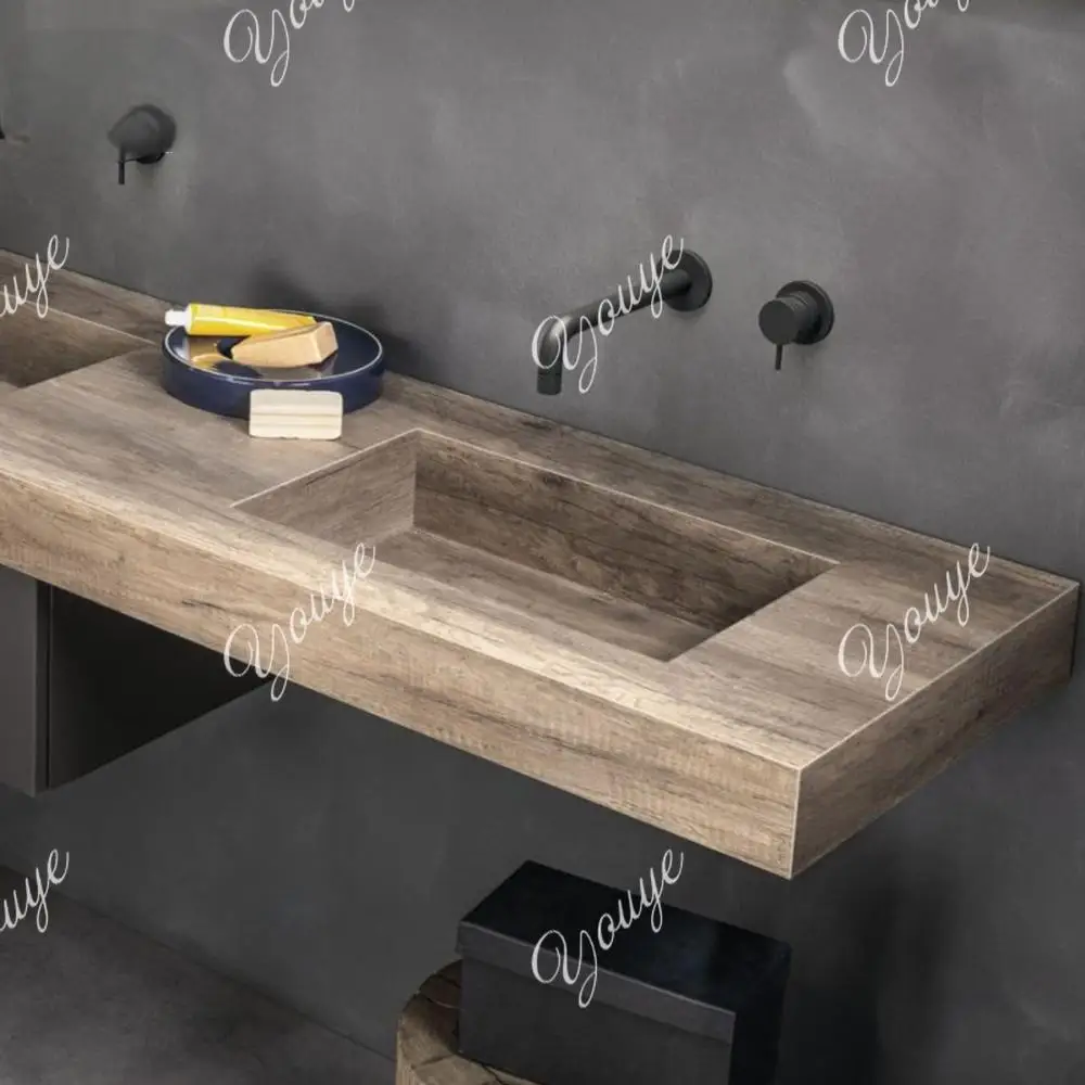 

Mid-Century Wall-Mounted Double Vanity: Oak/Walnut with Marble Luxury Stone Top & Undermount Basins - Retro Bathroom