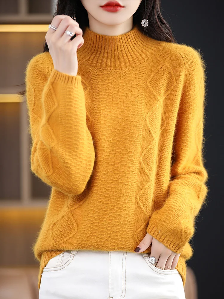 High-End Thicken 100% Pure Mink Cashmere Sweater Women\' Turtleneck Jacquard Knit Pullover  Loose Large Size Blouse Winter Jacket