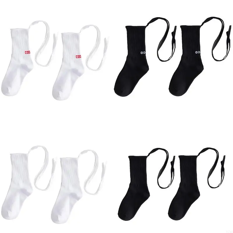 

N7YF Women Gothic Ribbed Cotton Calf Socks Japanese for Cross Straps Lace-Up Bandage Letters Print Hip Hop Tube