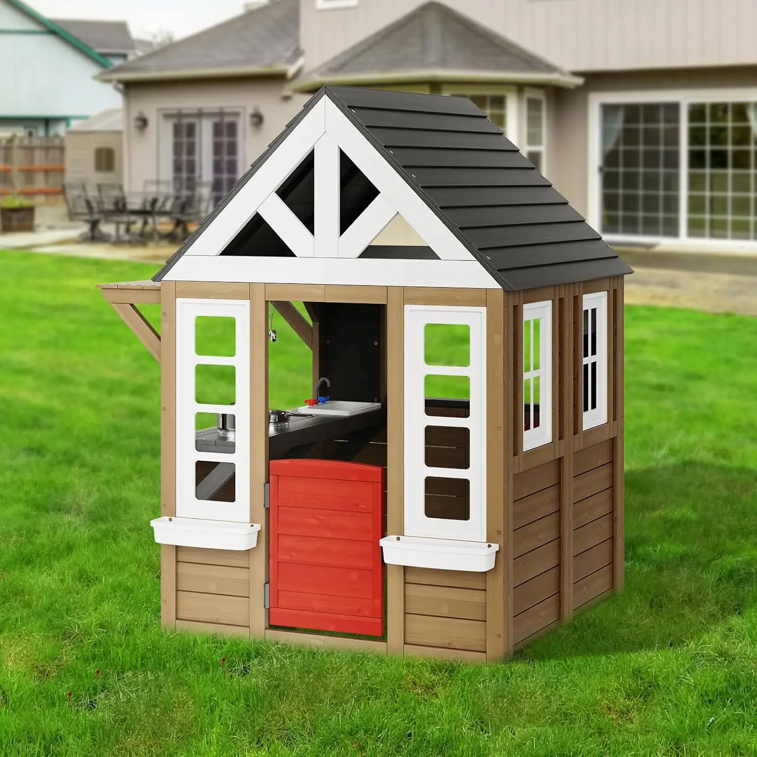 

Outdoor Wooden Playhouse, Modern Cedar Playhouse for Age 2-10 Years Kids, Garden Games Cottage, Country Style Cedar Playhouse