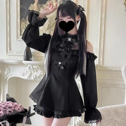 Japanese Gothic Bow Dress women black party Shorts Set Lace Off Shoulder Long Sleeve Slim Shirts Dresses Lolita Y2k Outfits chic