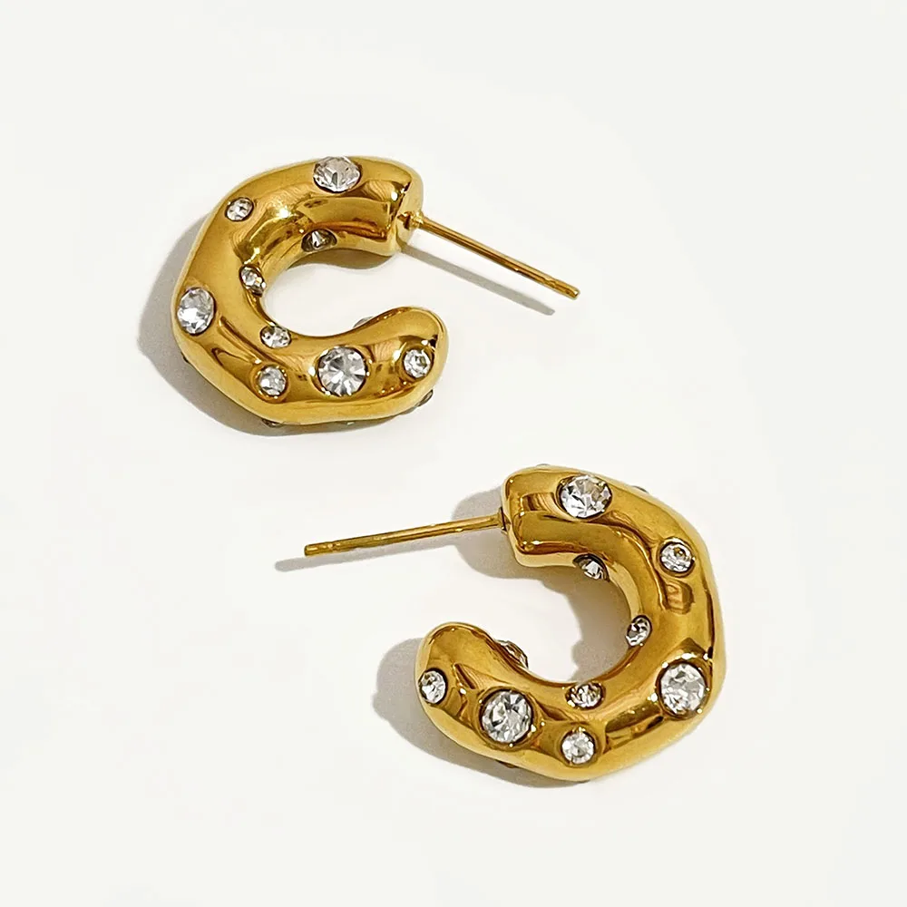 Peri'sBox Trendy Golden Stainless Steel Rhinestone Chunky Hoop Earring Geometric C Shape Earrings Joyería Acero Inoxidable Mujer