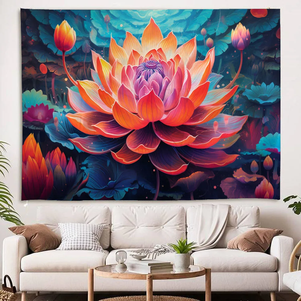 

Bohemian Lotus Wall Hanging Tapestry Colorful Landscape Flower Tapestry Room Decoration Aesthetics Yoga Mat Background Cloth