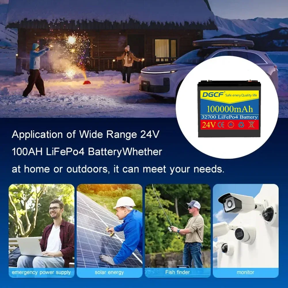 24V 100A 32700 LiFePO4 Battery with Built-in BMS for RV Solar Power System Rechargeable Lithium Iron Phosphate Trolling Battery