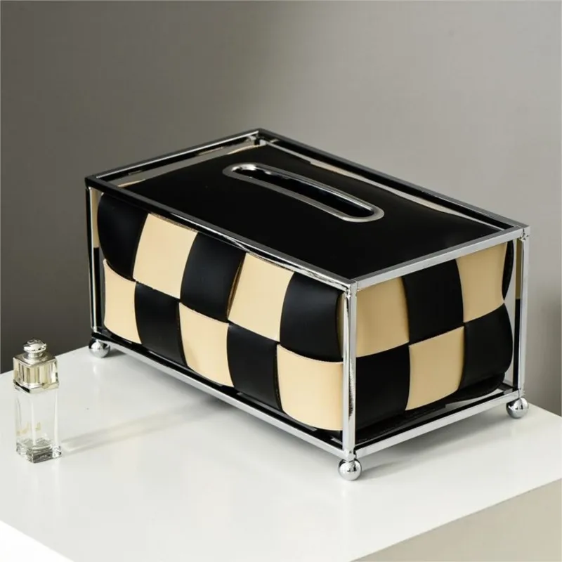 Iron Leather Art Chessboard Patterned Design Tissue Box Living Room Woven Drawing Paper Box Restaurant Tissue Storage Box ZE157