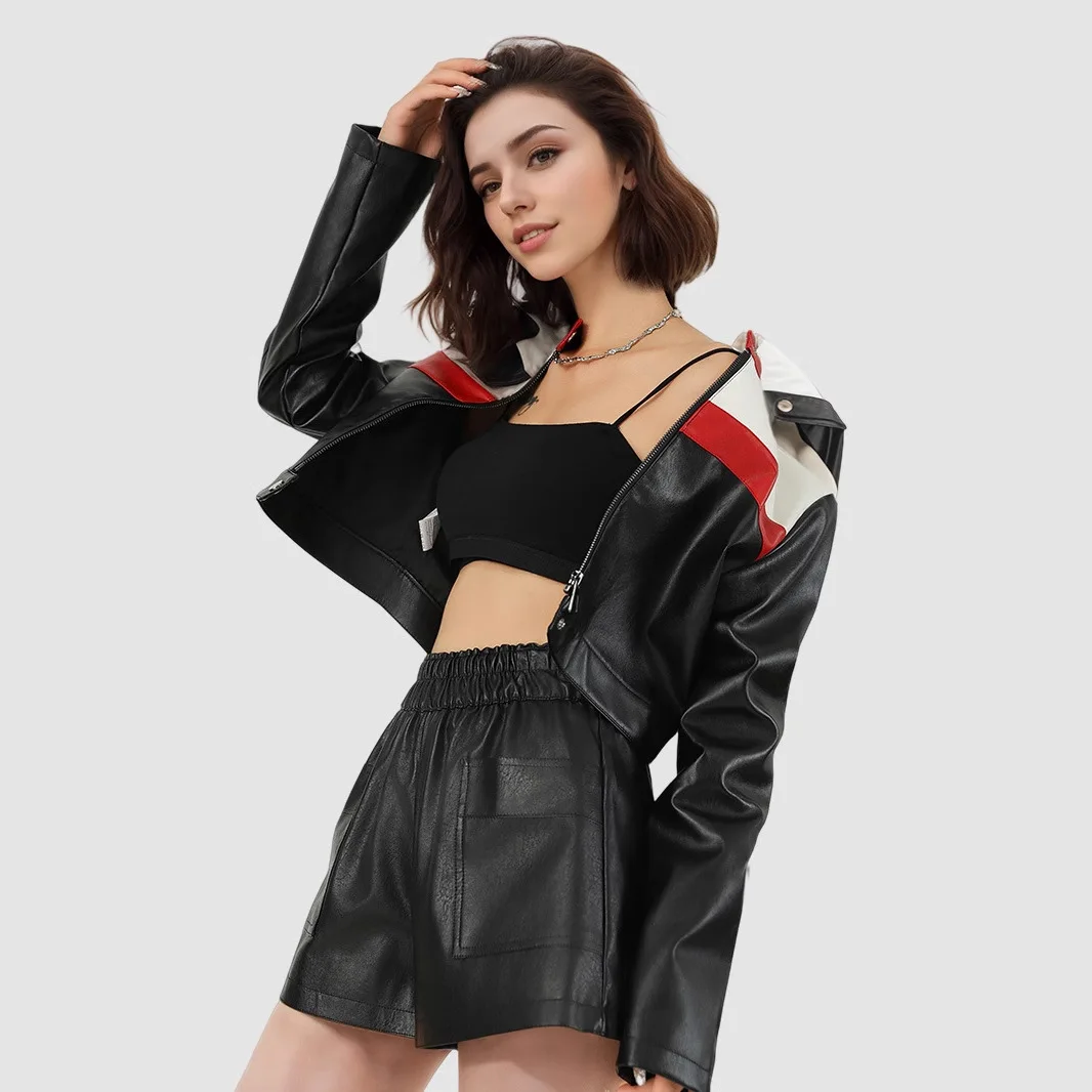 Women Contrasting Color Splicing Locomotive Suit Bomber Jacket Short Jacket PU Leather Long Sleeve