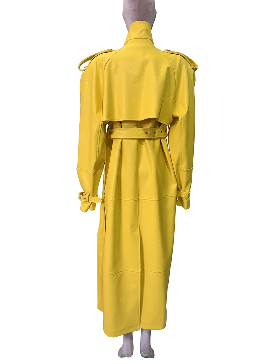 Trench da donna in ecopelle giallo brillante extra lungo primavera autunno per spalle da donna Abiti firmati di lusso doppiopetto