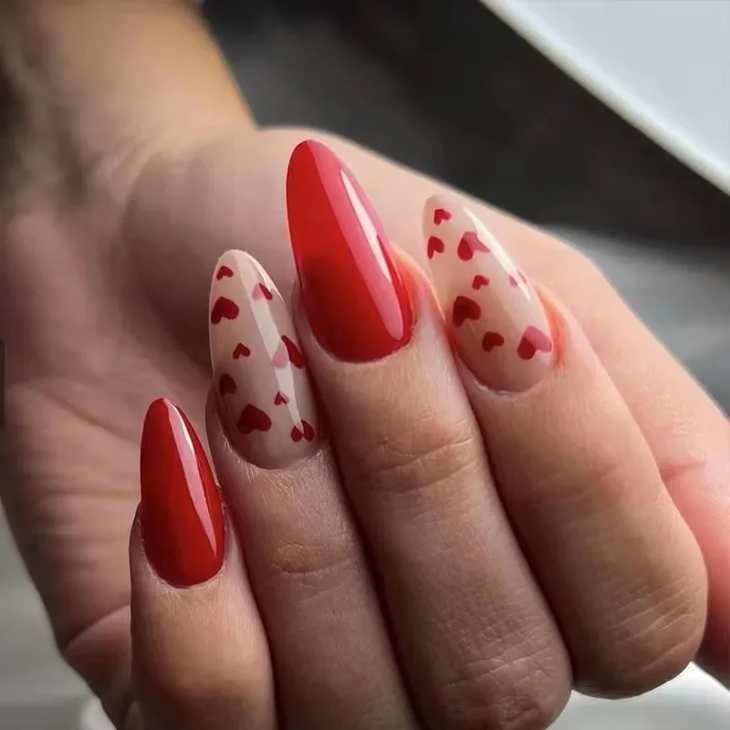 Juego de 24 uñas postizas acrílicas, colección de Uñas postizas, corazón rojo, almendra larga, cubierta completa extraíble, puntas de uñas postizas acrílicas blancas