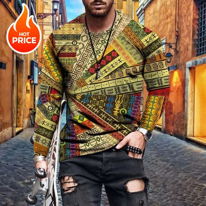 

Мужская футболка с 3D принтом в африканском геометрическом стиле, футболки с этническим узором, весенне-осенние повседневные топы с длинным рукавом и круглым вырезом, свободные футболки