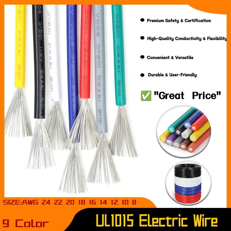 

Multi-stranded Lamp Lighting 600V PVC Tinned Copper Cable DIY Line 2/5/10m Electric Wire UL1015 AWG 24 22 20 18 16 14 12 10 8